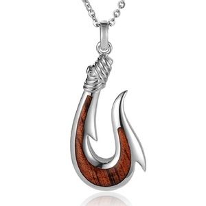 Alamea Sterling Silver Large Fishhook Koa Wood Pendant